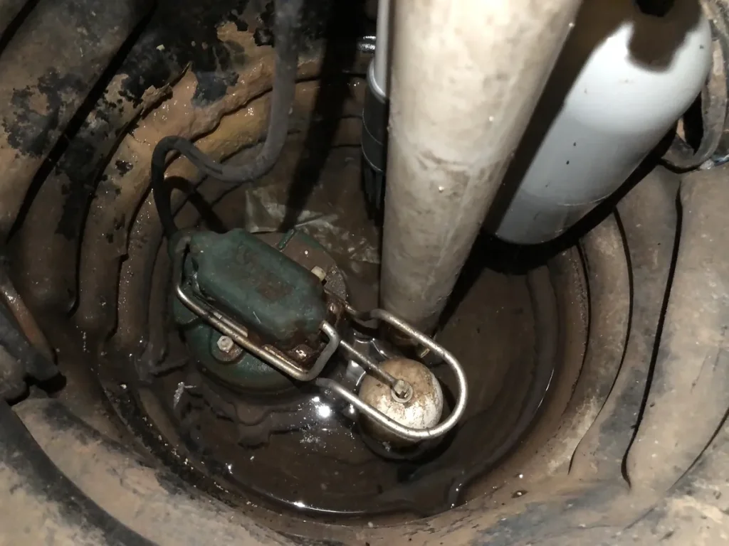 Pompe de relevage avec son flotteur, posée dans sa cuve au sous-sol d’une maison